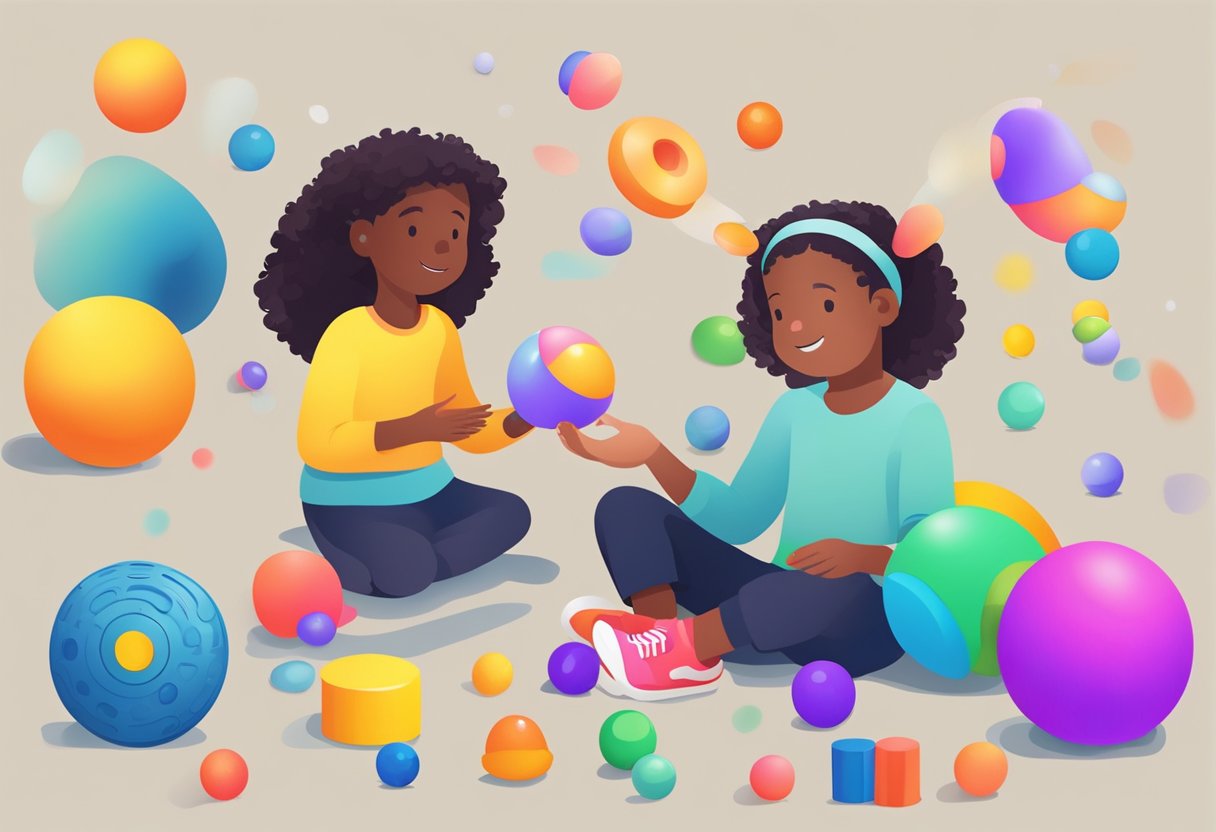A diverse group of children and adults happily engaging with various sensory toys in a calm environment