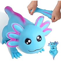 A collection of various stress balls and squishy toys including a dinosaur and axolotl