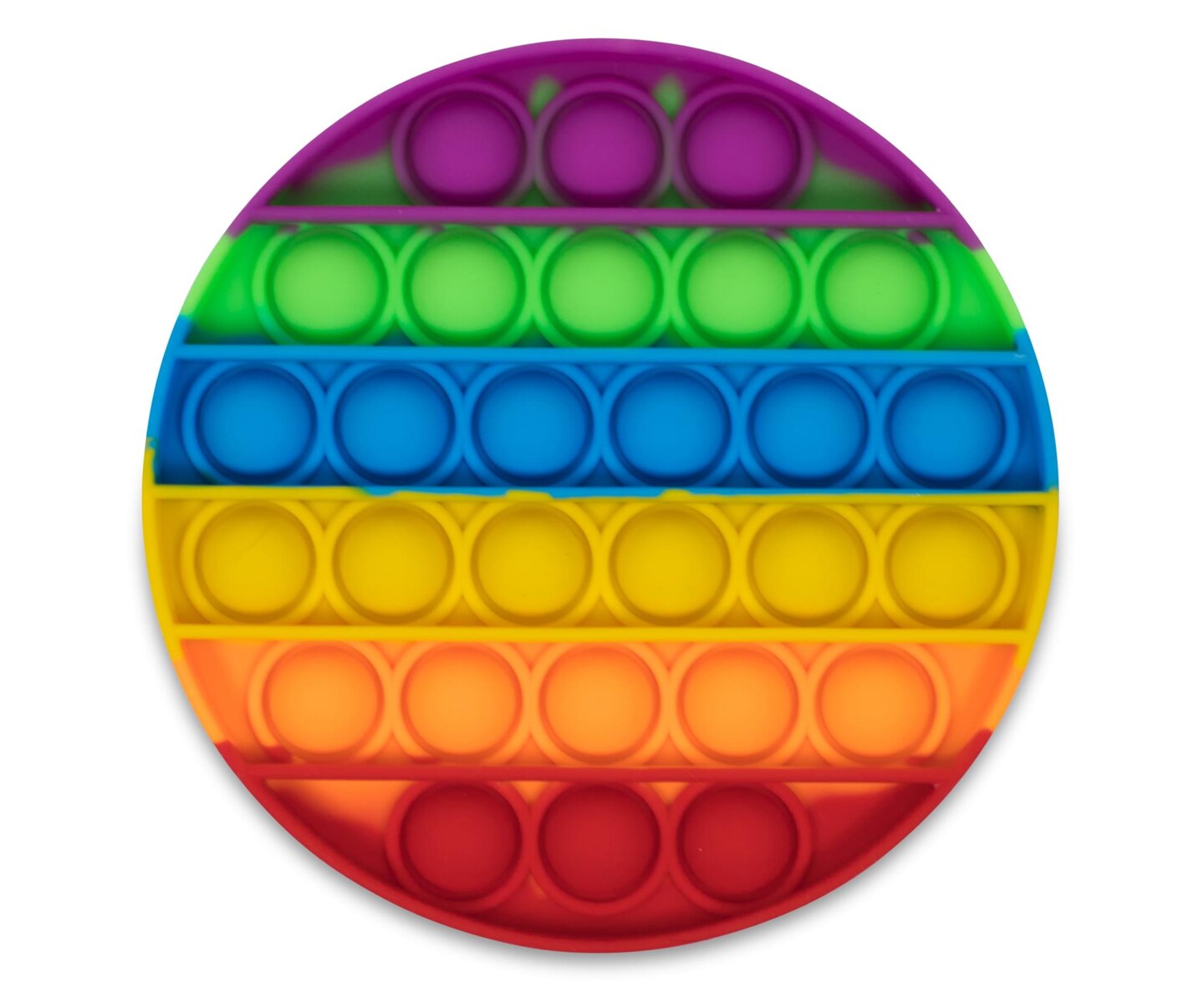 A silicone pop it fidget toy in rainbow colors being popped