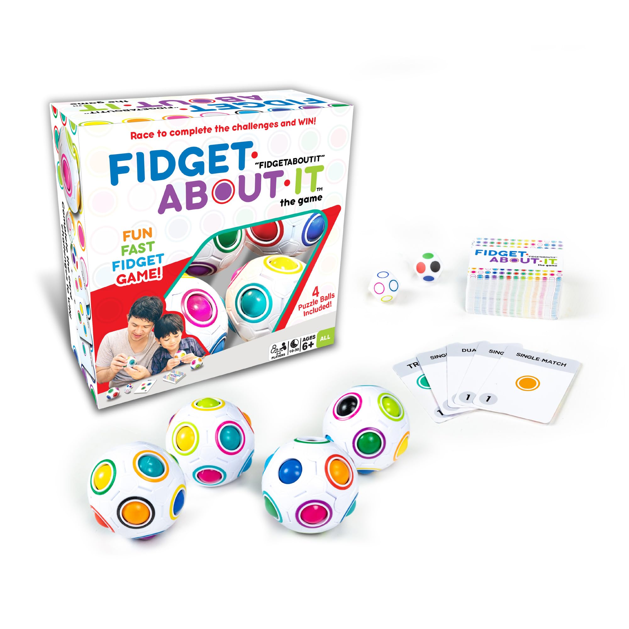 Tangle rope and a fidget dice with various buttons and switches on a notebook