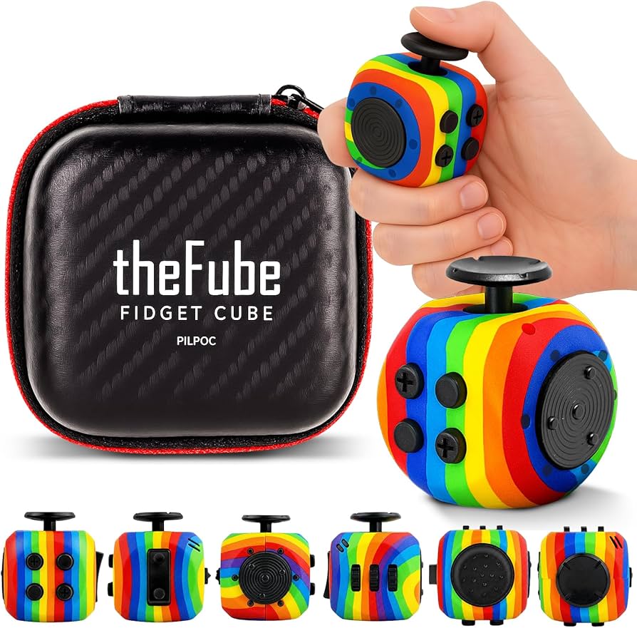 Six-sided fidget cube with different tactile surfaces on each side