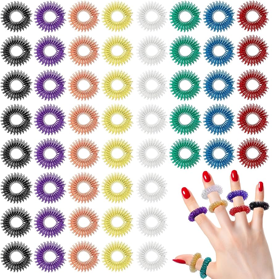 Spiky sensory rings and soft stress balls for acupressure stimulation