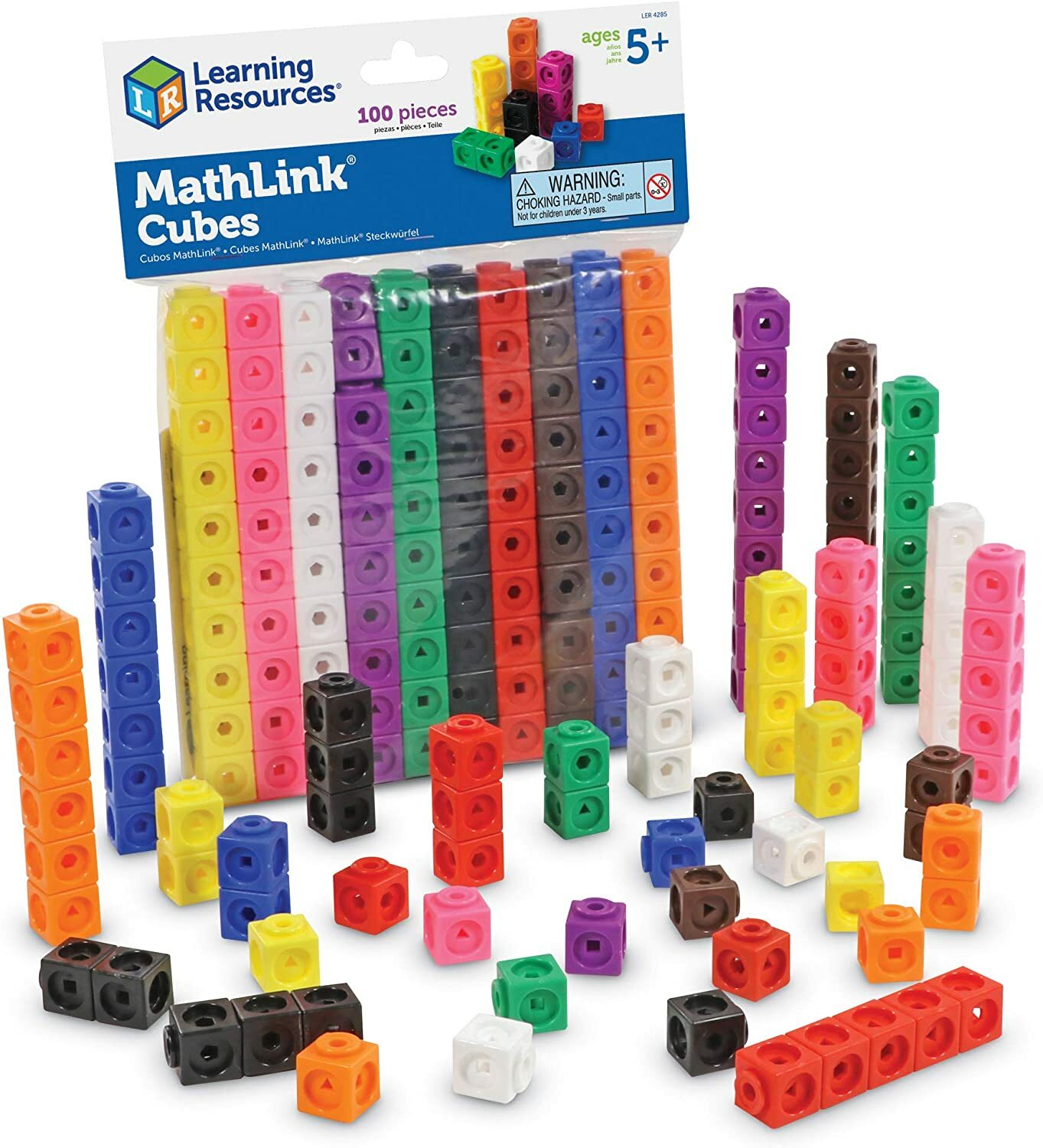 MathLink Cubes interlocking plastic cubes in various colors, arranged in patterns