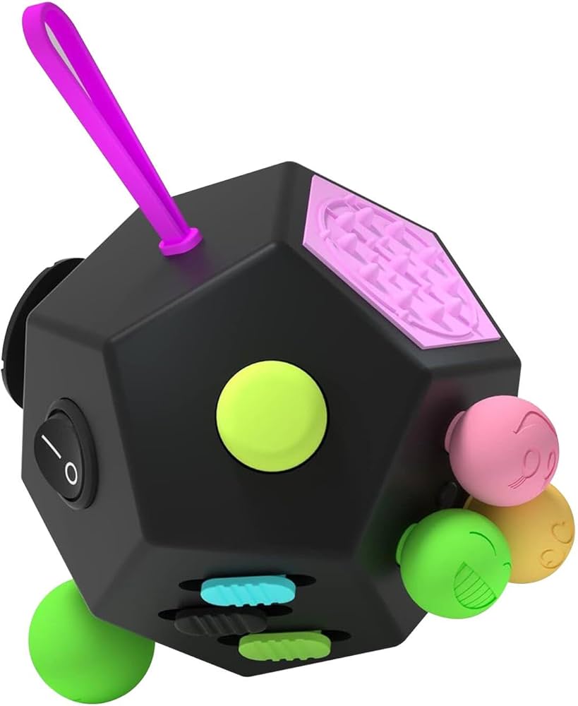 A fidget cube showing different sides with buttons, switches, and gears