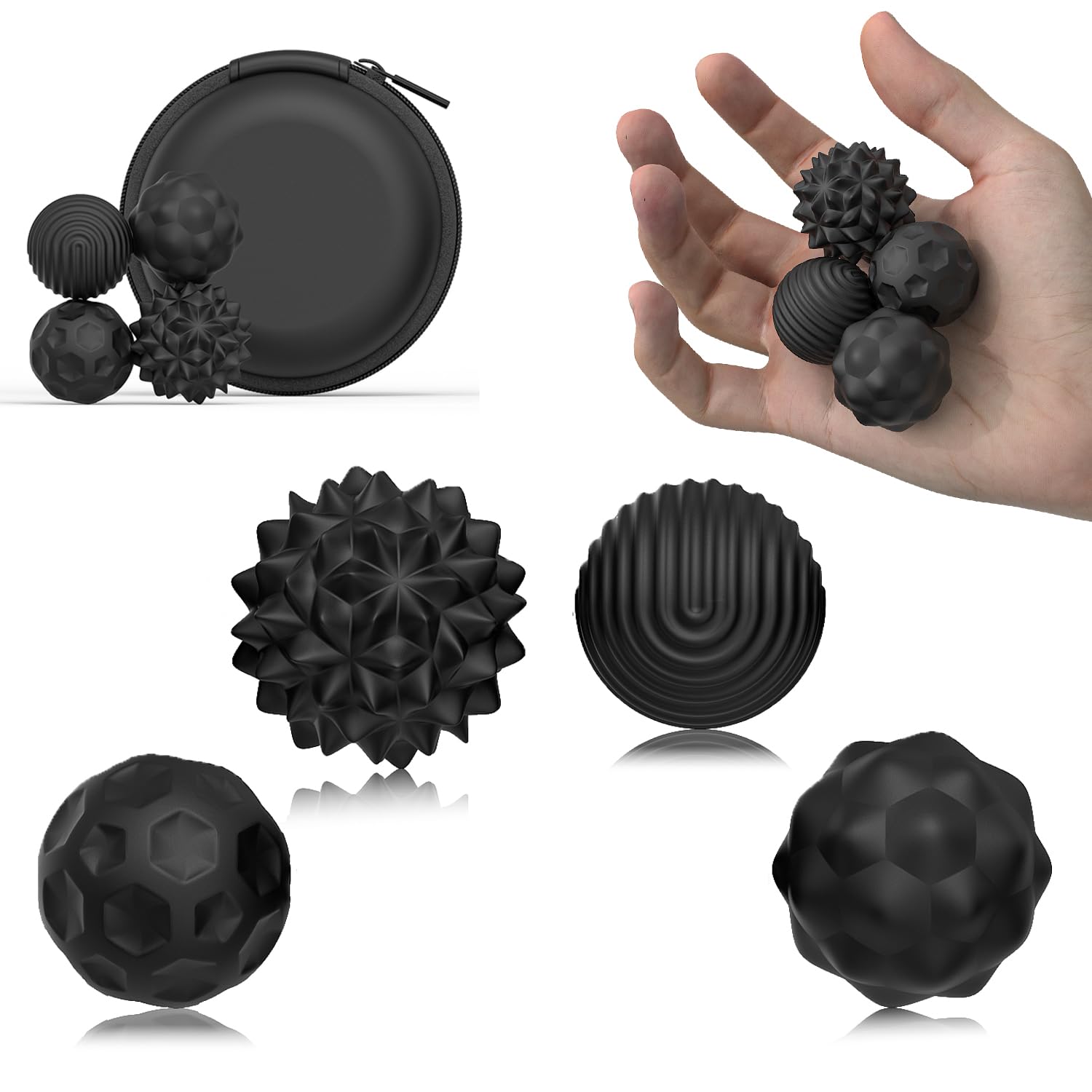 A collection of tactile fidget toys including a Tangle, a stress ball, and magnetic balls on a table
