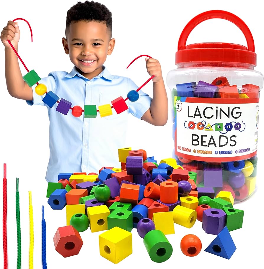 Chunky wooden lacing beads with string for toddlers