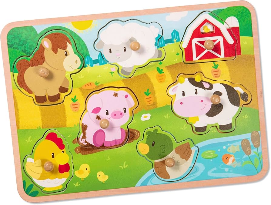 Wooden peg puzzle with farm animal pieces