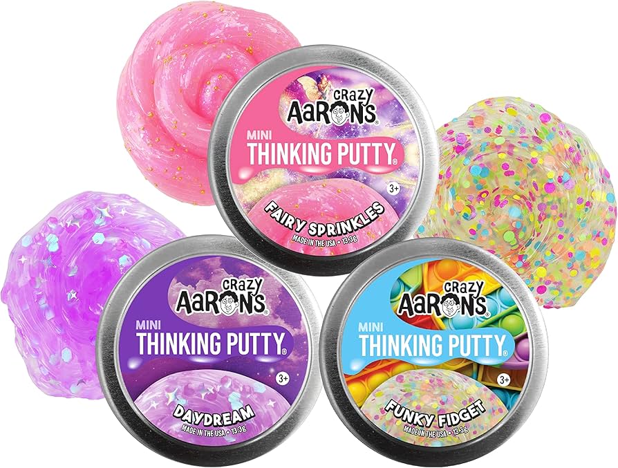 Colorful thinking putty in tin container for stress relief