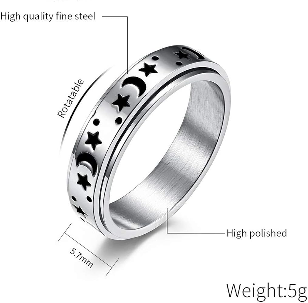 Stainless steel spinner ring with celestial design for discreet fidgeting