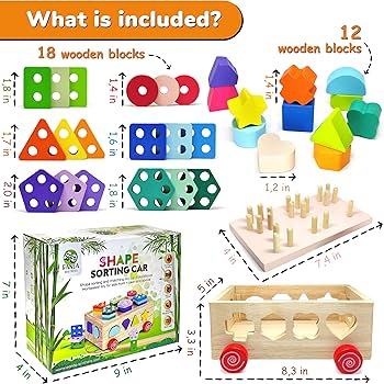 A child solving a wooden shape sorter puzzle with bright geometric shapes