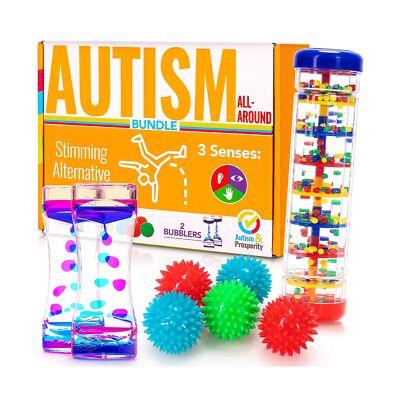 Gentle auditory toys like a music box and a rainmaker