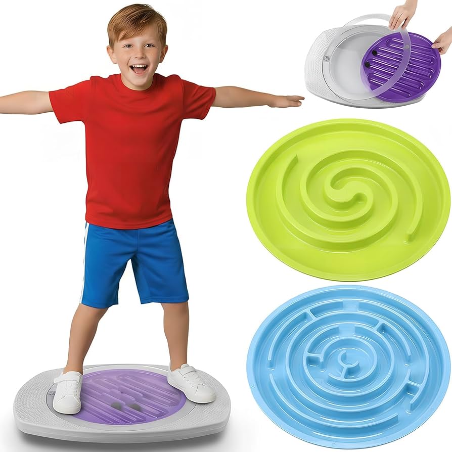 A child using a wobble balance board for proprioceptive input