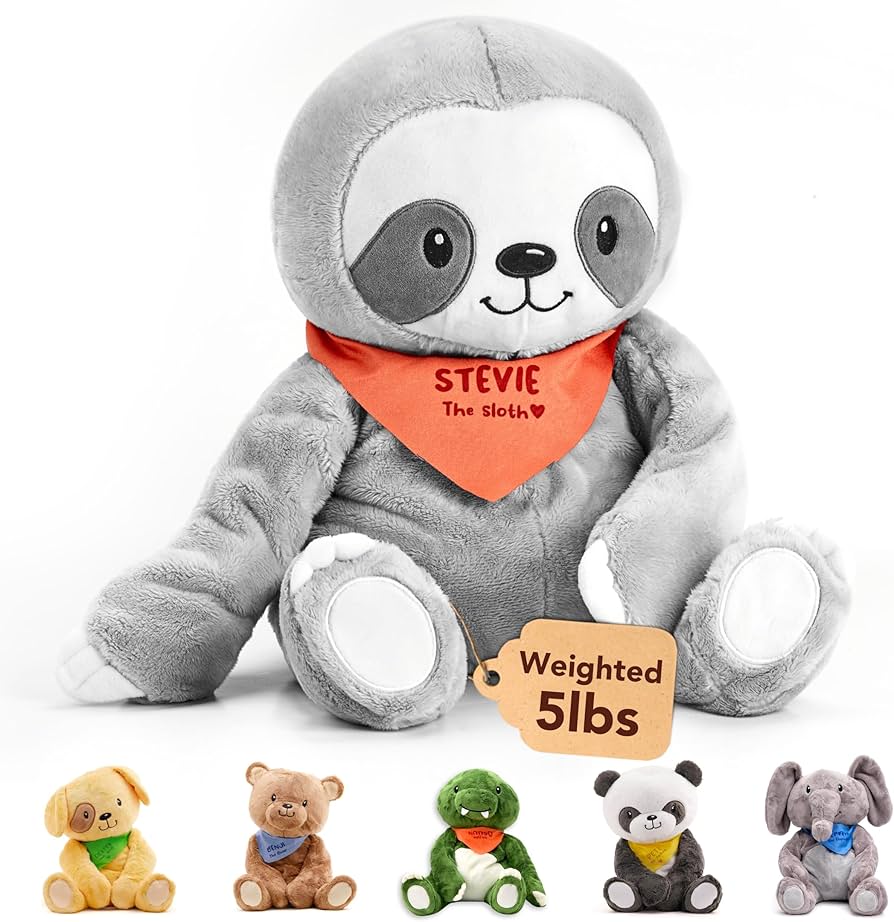 A soft, gray weighted sloth plush toy resting on a cozy blanket