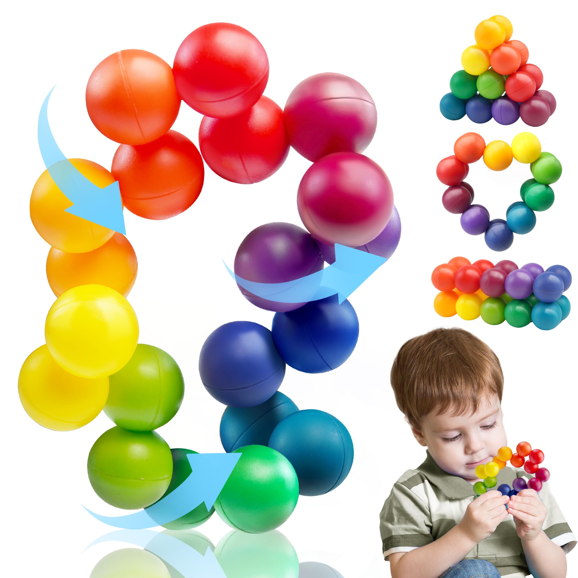 A diverse collection of sensory toys arranged neatly on a light background