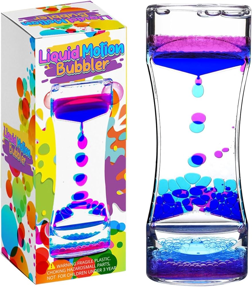 Colorful liquid motion timer and a light-up sorting toy on a table