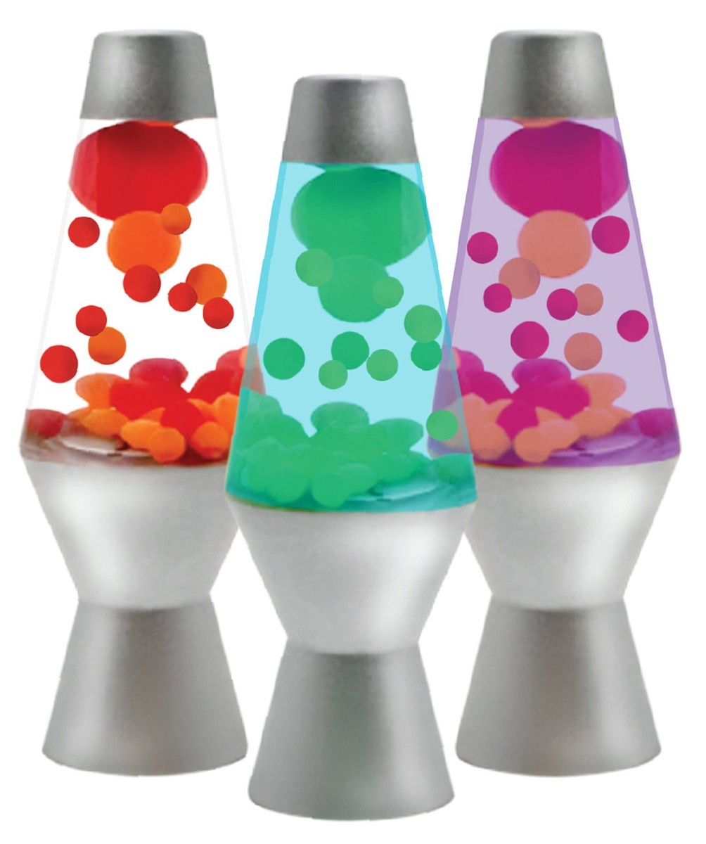 A lava lamp with colorful flowing blobs in a dark room