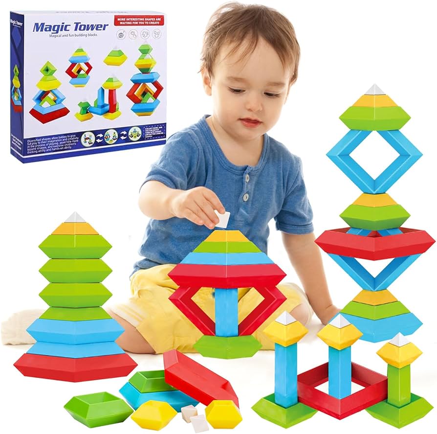 Colorful stacking blocks and a simple structure built by a child