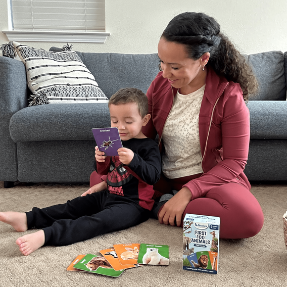 A parent and toddler looking at flashcards with realistic pictures