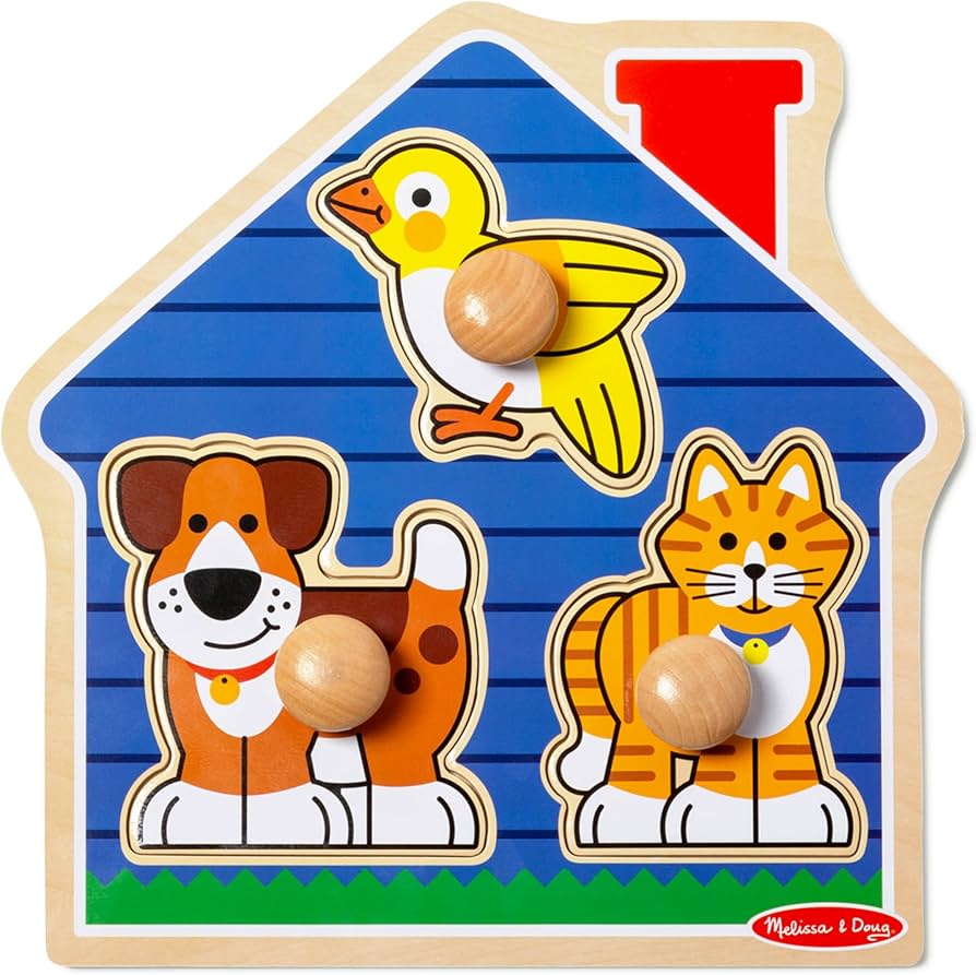 Wooden puzzle with large, chunky animal-shaped pieces and pegs for easy grasping
