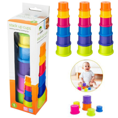 Brightly colored plastic cups that can be stacked or nested together