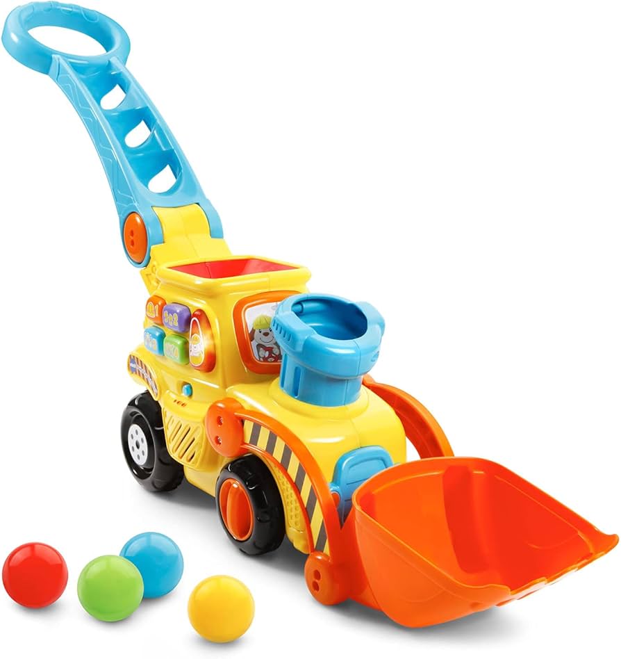 Electronic push-along bulldozer that pops balls out of its stack