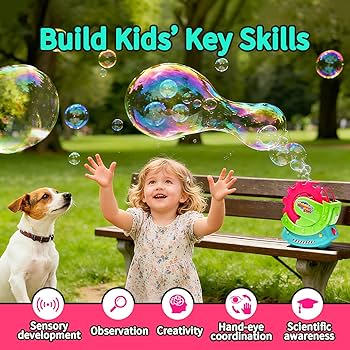 Toddler chasing and popping bubbles from a bubble machine