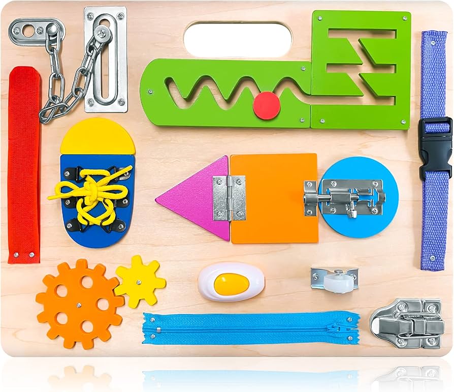 Montessori busy board with latches, zippers, and buttons for toddlers