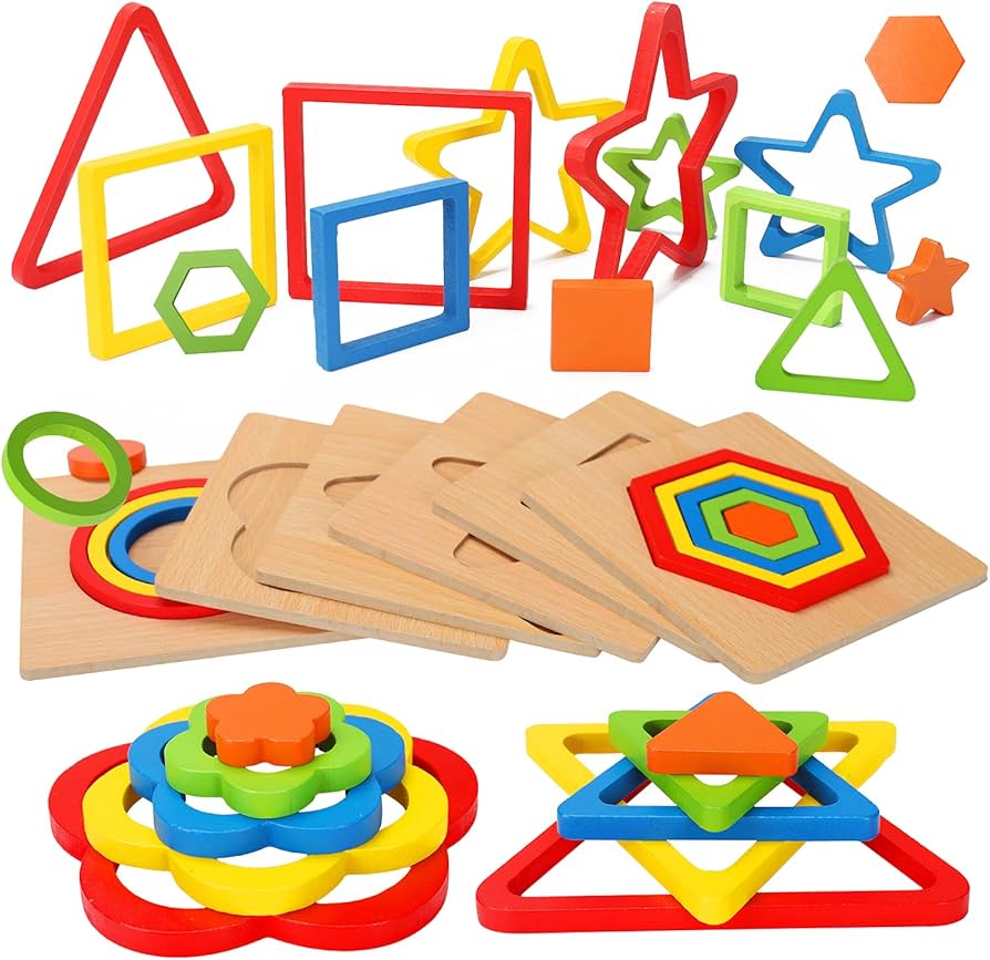 Wooden geometric shape puzzle with triangle, square, and circle pieces