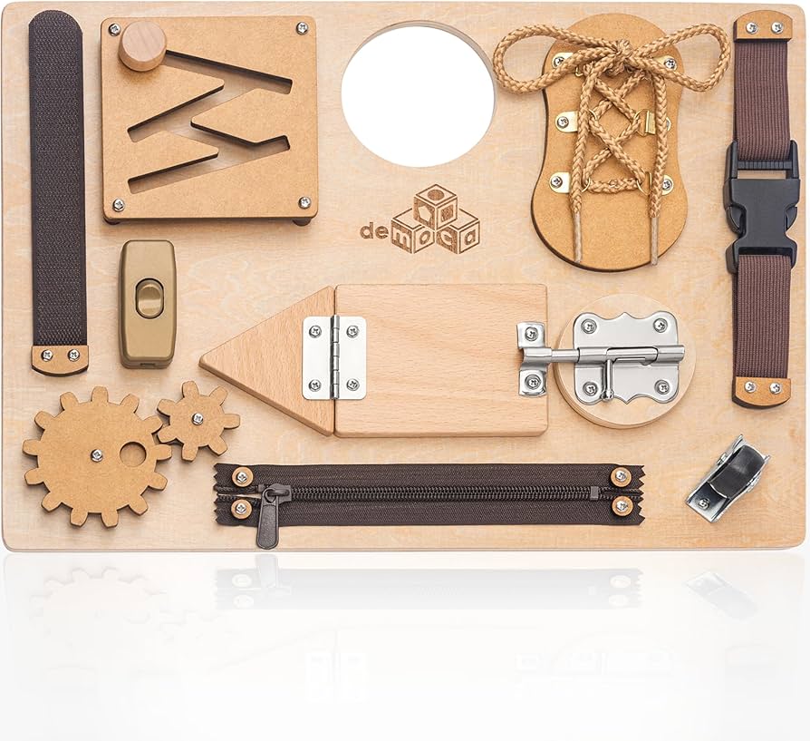 Wooden busy board for toddlers with locks, latches, and wheels