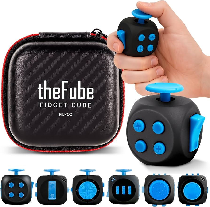 PILPOC theFube fidget cube showing multiple sides with buttons, switches, and joysticks