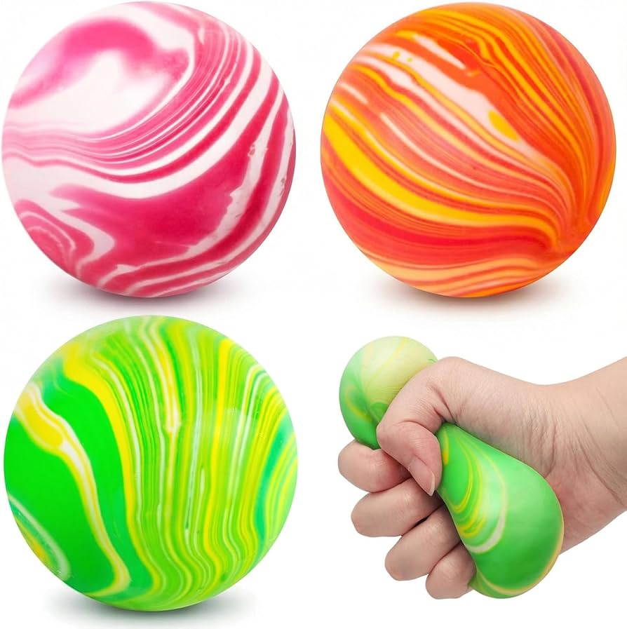 Assorted stress balls and therapy putty in calming colors for hand therapy