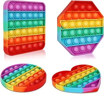 3D silicone pop-it fidget toy in rainbow colors being pressed by adult hands